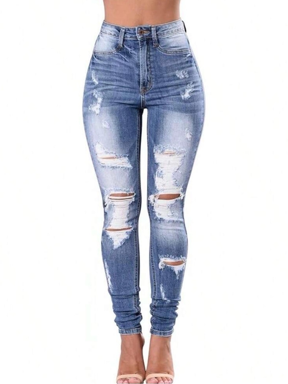 High-Waist Distressed Skinny Jeans - Light Blue